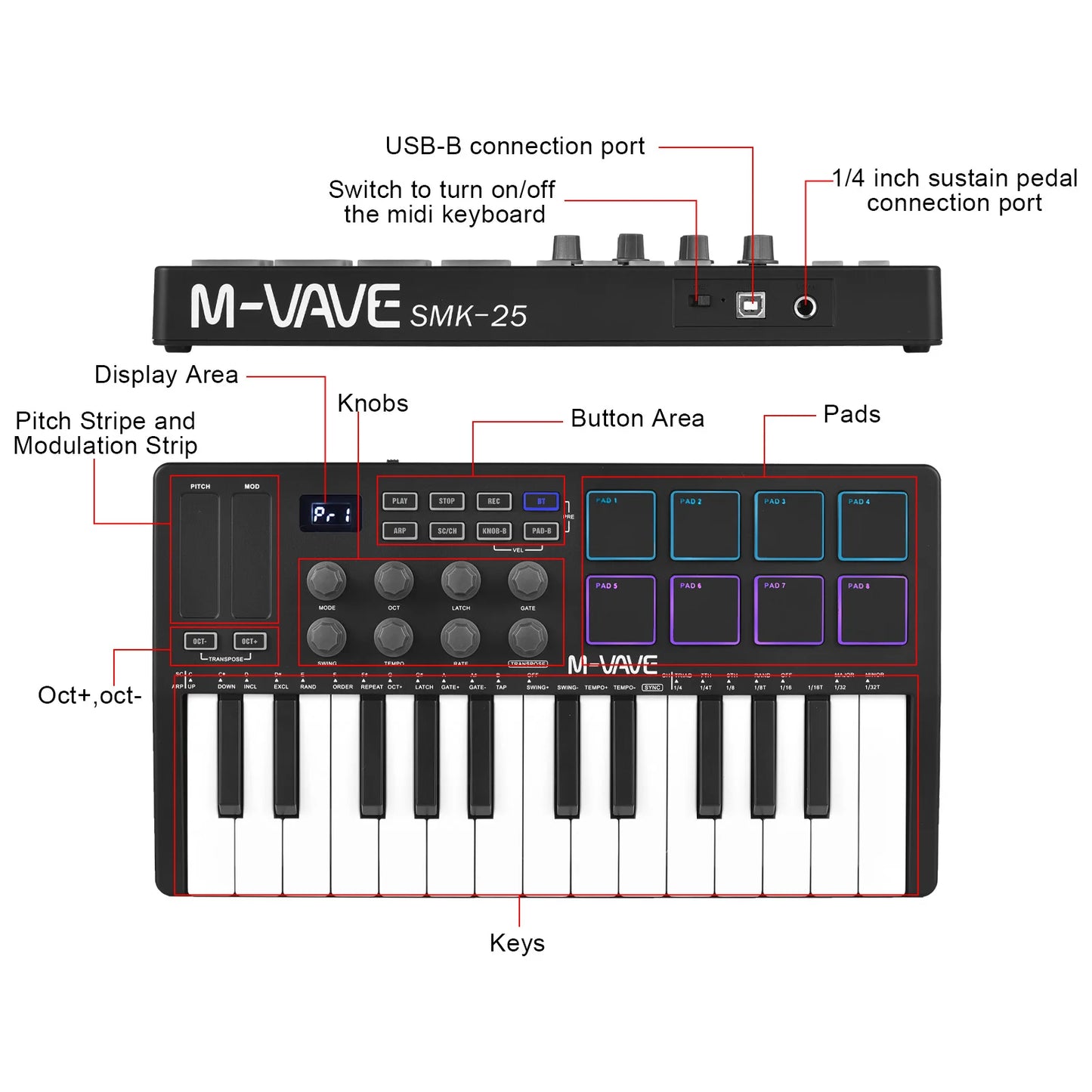 Teclado MIDI Controlador M-VAVE de 25 Teclas, Piano USB, Sensível ao Toque, 8 Pads RGB Iluminados - Periféricos Acessórios teclas