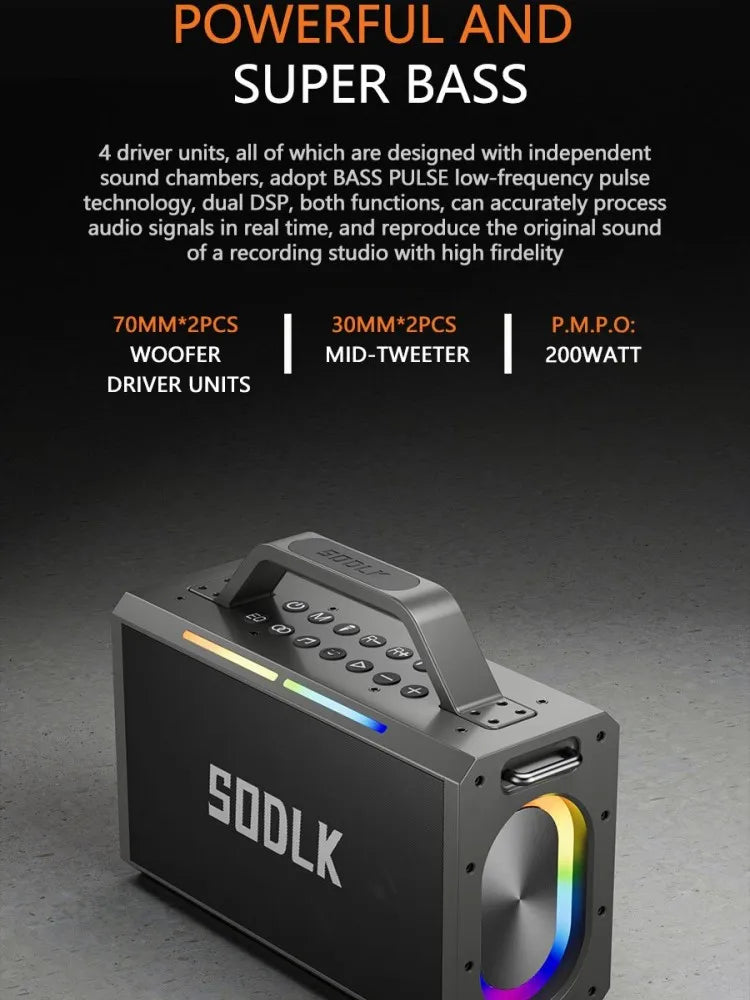 Caixa de Som Bluetooth 200W Sodlk - Potente, Karaoke, Surround Estéreo, Graves, Portátil para Festas e Sistema de Som com Microfone - Áudio e Gravação