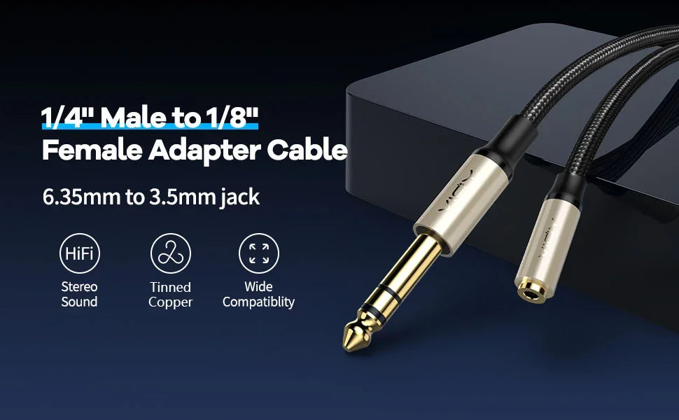 Adaptador de Fone de Ouvido 6.35 (P10) para 3.5mm (P2) - Cabo de Extensão de Áudio TRS Macho 6.35mm para Fêmea 3.5mm - Acessórios auxiliares