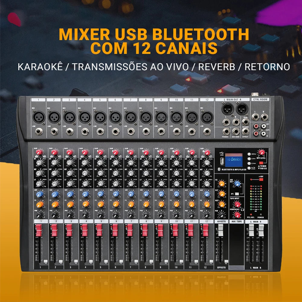 Mixer analógico 12 Canais - Entrada USB para Computador, Interface de Áudio, Placa de Som e efeitos - Mixers
