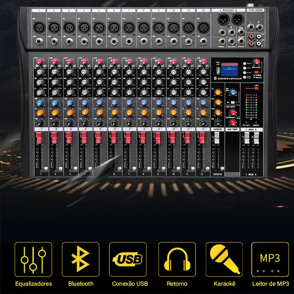 Mixer analógico 12 Canais - Entrada USB para Computador, Interface de Áudio, Placa de Som e efeitos - Mixers