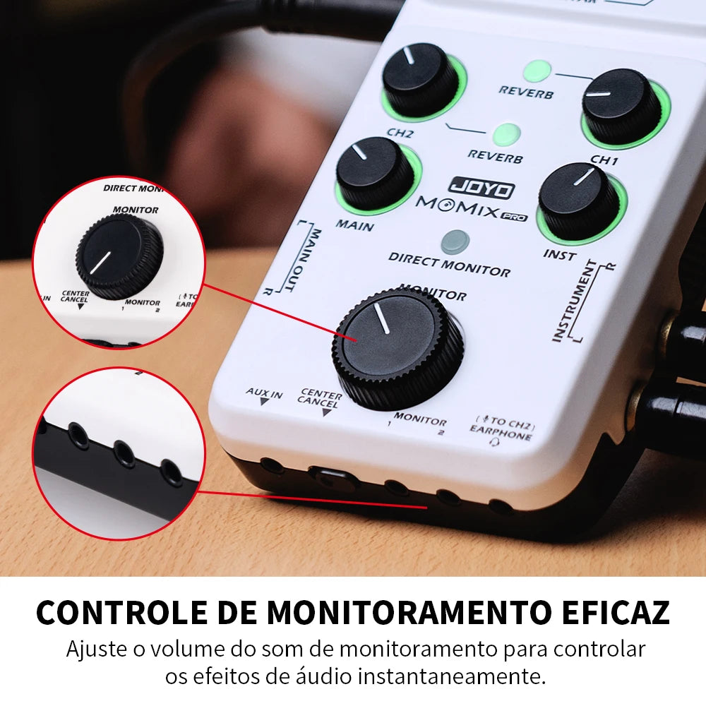 Placa de Som JOYO MOMIX PRO para Guitarra - 2 Entradas Estéreo, Sincronização Áudio-Vídeo, Mixer de Áudio para Gravação e Transmissões ao Vivo Externas