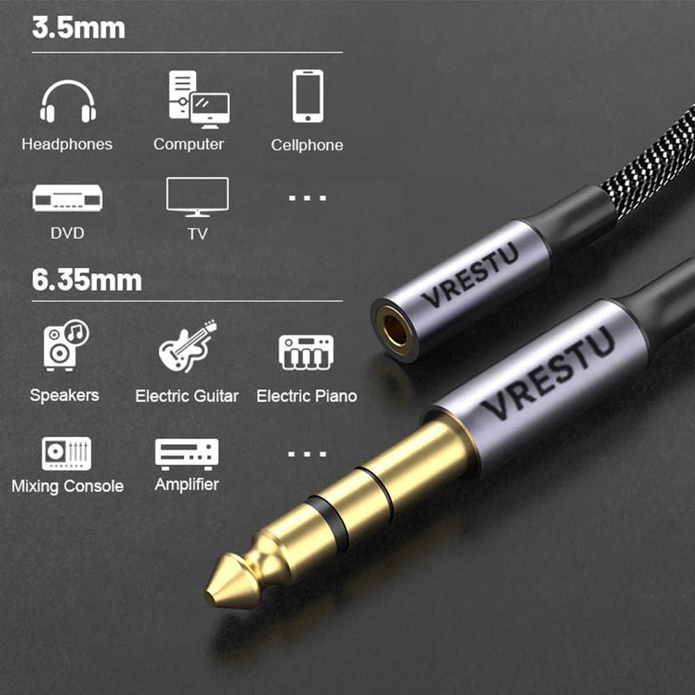 Adaptador de Áudio Estéreo 6.35mm Macho para 3.5mm Fêmea - Cabo para Fones de Ouvido, Amplificador, Microfone e Alto-falantes e Guitarra - Acessórios auxiliares