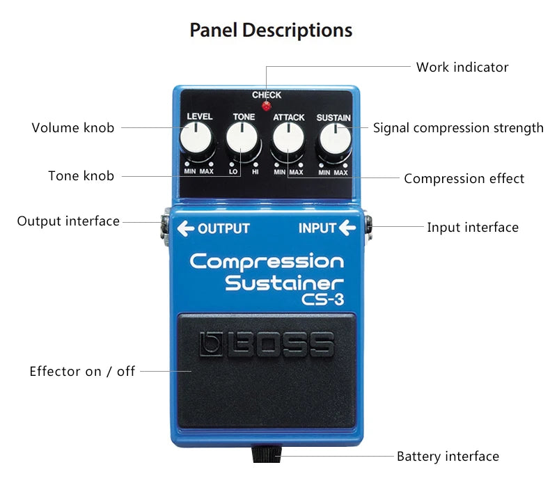 Pedal Compressor Sustainer Boss CS-3 - Design de baixo ruído para operação super silenciosa - Pedais