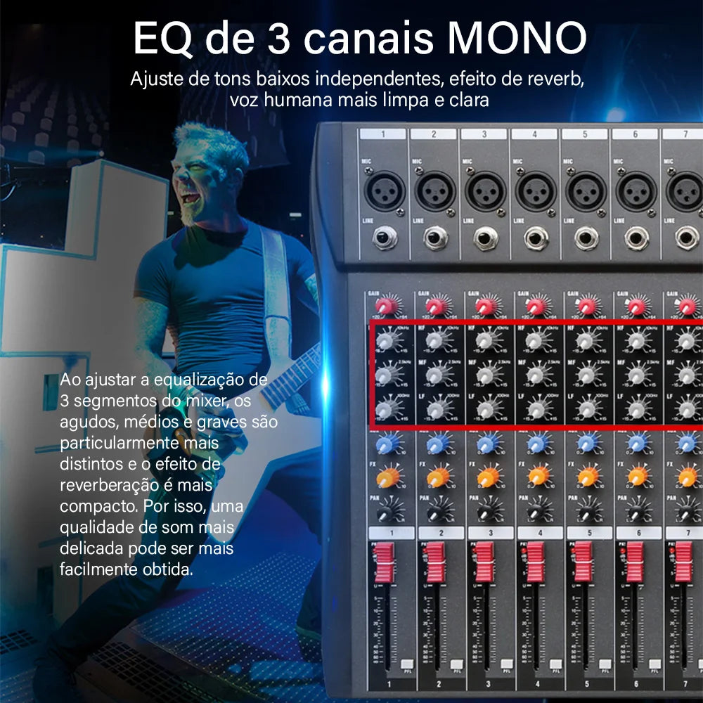 Mixer analógico 12 Canais - Entrada USB para Computador, Interface de Áudio, Placa de Som e efeitos - Mixers