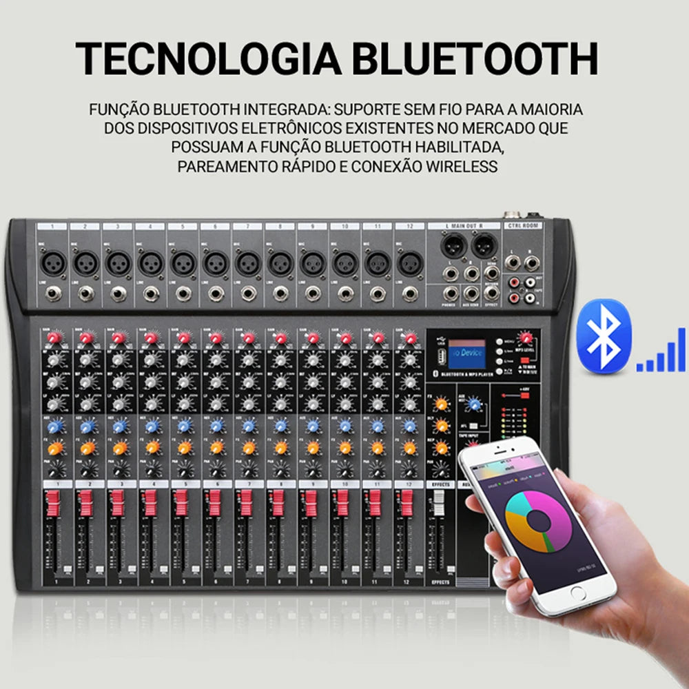 Mixer analógico 12 Canais - Entrada USB para Computador, Interface de Áudio, Placa de Som e efeitos - Mixers