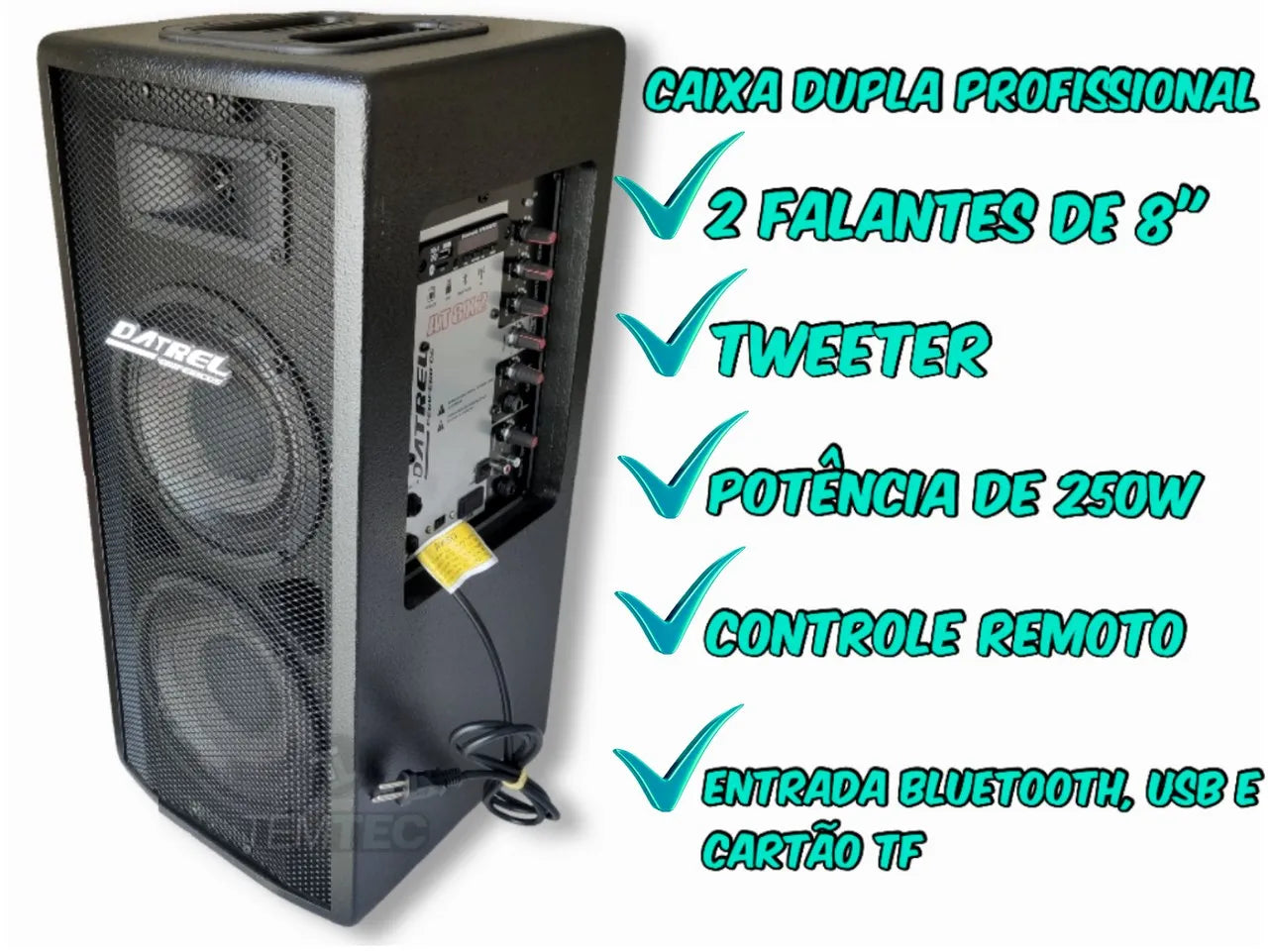 Caixa de Som Ativa Double 250W Datrel - Bluetooth Profissional - Áudio e Gravação