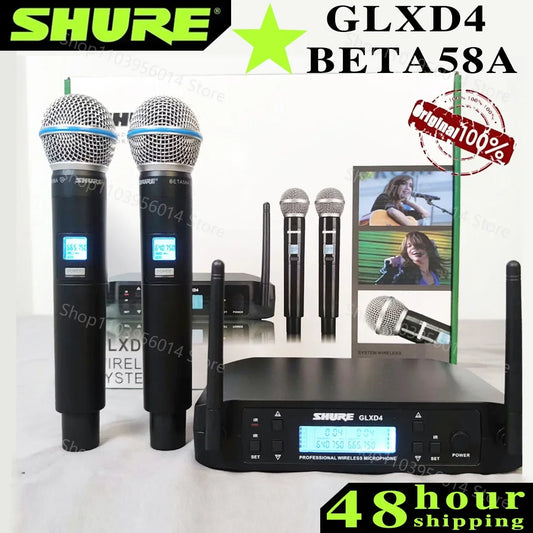 Kit de Microfone Sem Fio Shure GLXD 4 com 2 Microfones Manuais Shure BETA 58A - Dinâmico Profissional para Festa, Palco e Karaoke (640-690MHz) - Microfones
