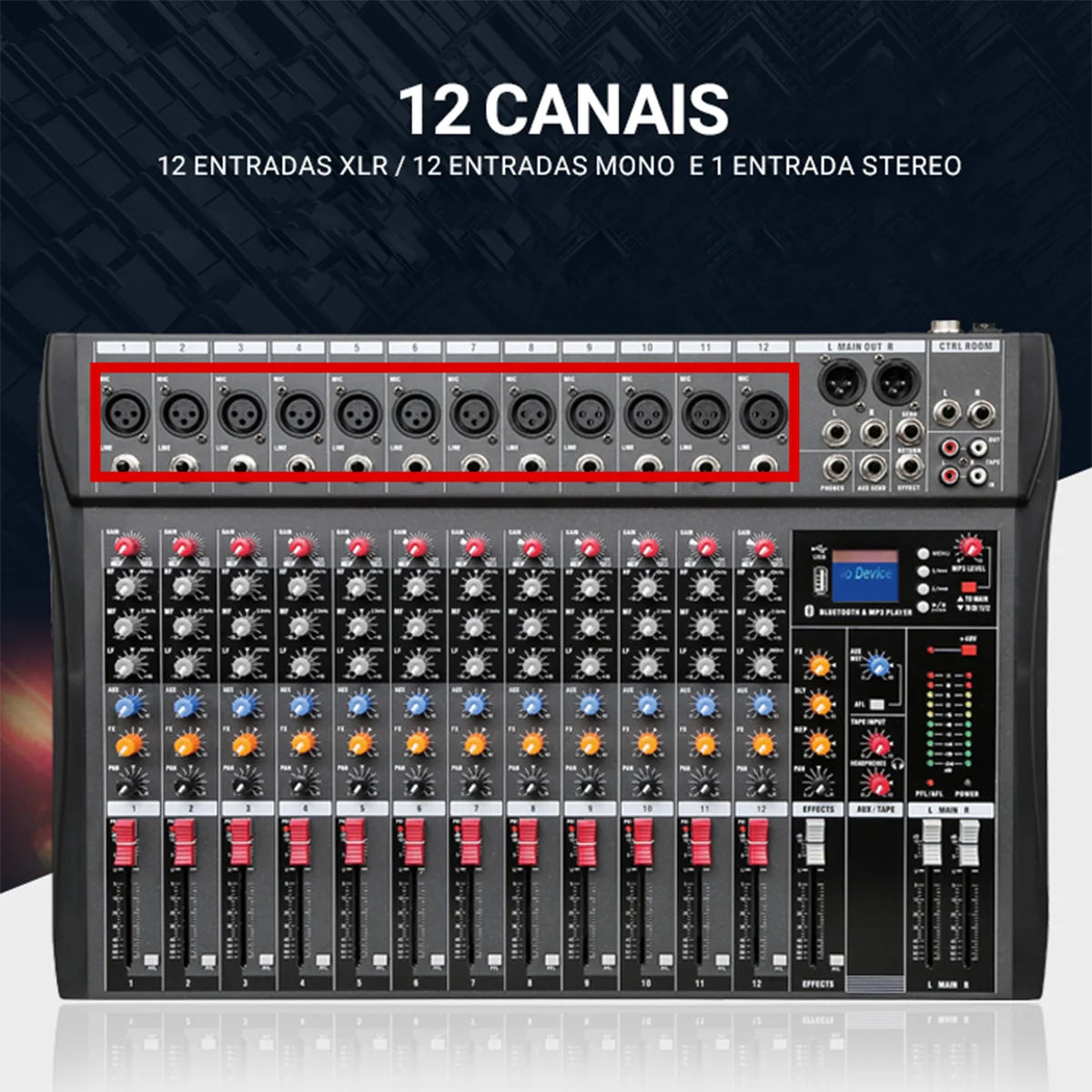 Mixer analógico 12 Canais - Entrada USB para Computador, Interface de Áudio, Placa de Som e efeitos - Mixers