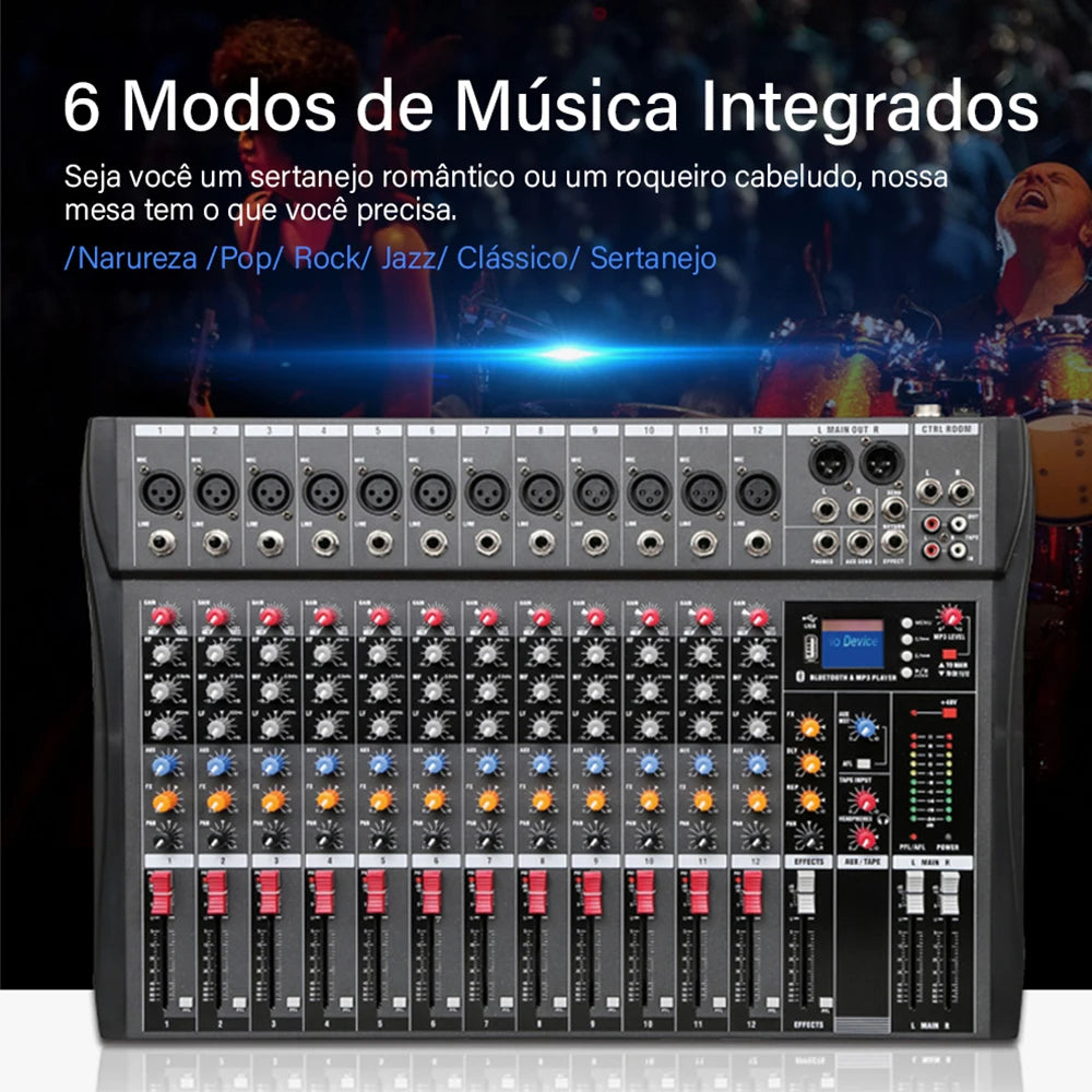 Mixer analógico 12 Canais - Entrada USB para Computador, Interface de Áudio, Placa de Som e efeitos - Mixers