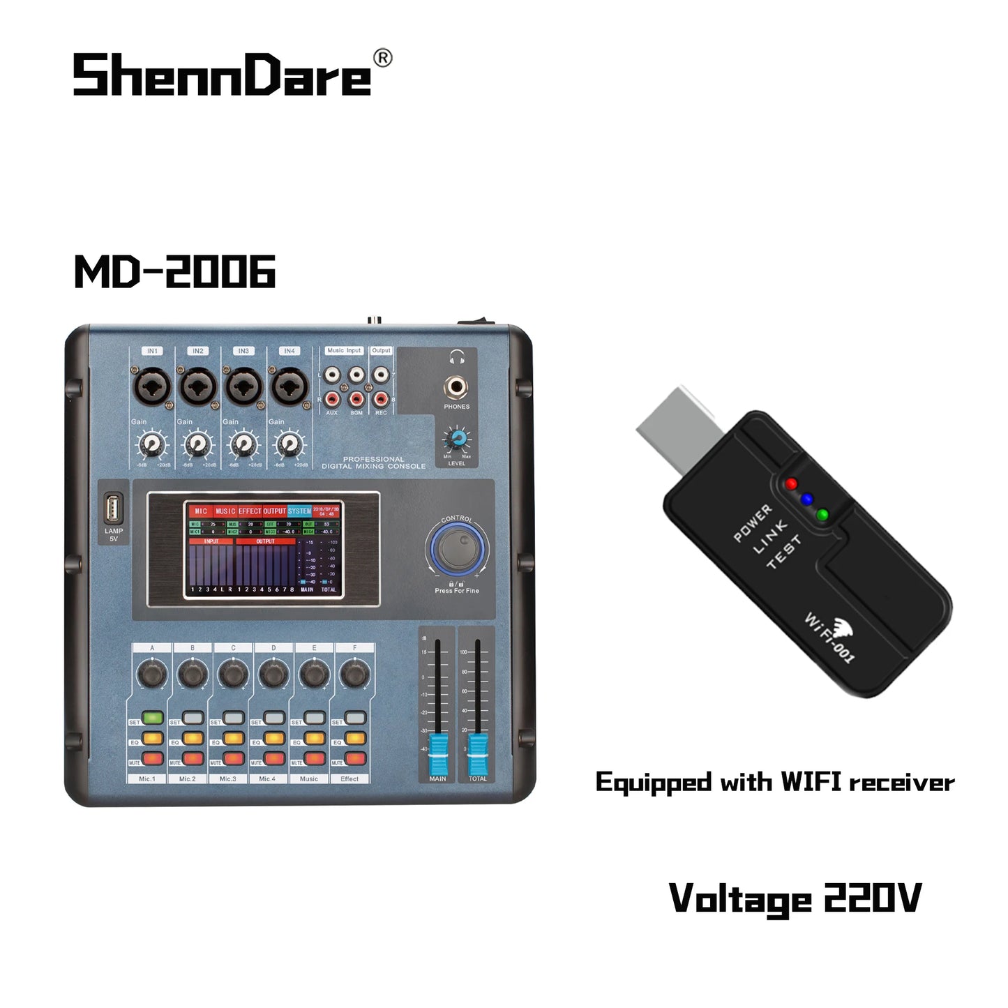 Mixer 6 Canais Digital Profissional ShennDare MD2006 - Controlador de Áudio DJ via WIFI/USB com Tela Touch - Mixers