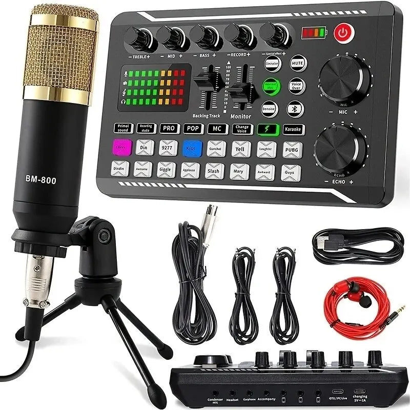 Kit com Microfone BM800 e Console de Som F998 - Kit de Placa de Som para Estúdio, Cabo de Mistura, Microfone condensador - Mixers Microfone