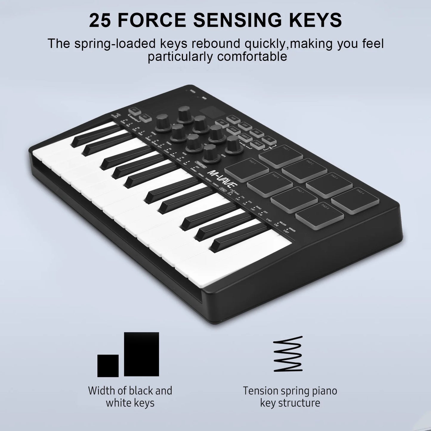 Teclado MIDI Controlador M-VAVE de 25 Teclas, Piano USB, Sensível ao Toque, 8 Pads RGB Iluminados - Periféricos Acessórios teclas