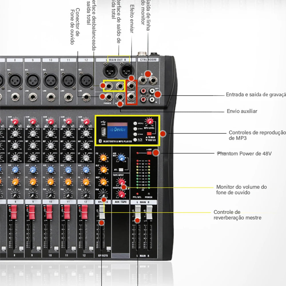 Mixer analógico 12 Canais - Entrada USB para Computador, Interface de Áudio, Placa de Som e efeitos - Mixers