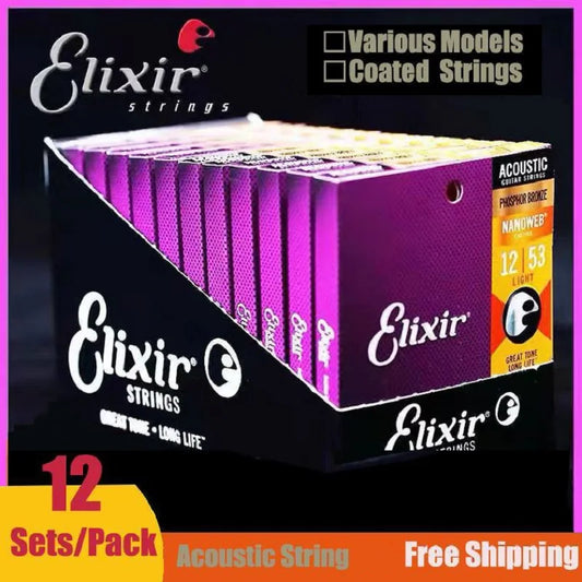 Kit com 12 Jogos de Cordas Elixir para Violão – Nanoweb Phosphor (Modelos 16002, 16027, 16052, 16077, 16102) - Acessórios cordas