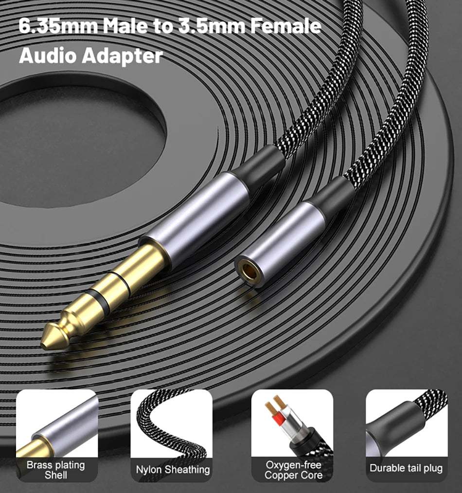 Adaptador de Áudio Estéreo 6.35mm Macho para 3.5mm Fêmea - Cabo para Fones de Ouvido, Amplificador, Microfone e Alto-falantes e Guitarra - Acessórios auxiliares