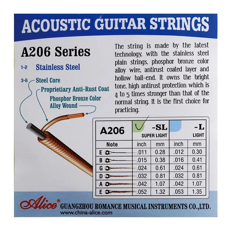 Jogo de 6 cordas de violão aço acústico Alice A206 - cordas 011 antiferrugem - Acessórios cordas