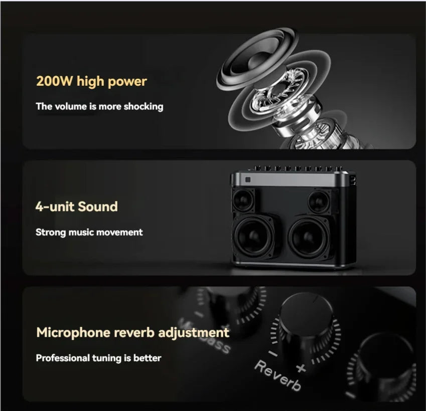 Caixa de Som Bluetooth 200W - Potente, Sem Fio, com Subwoofer, TWS, para Karaokê, Transmissão ao Vivo e Portátil para Exterior - Áudio e Gravação