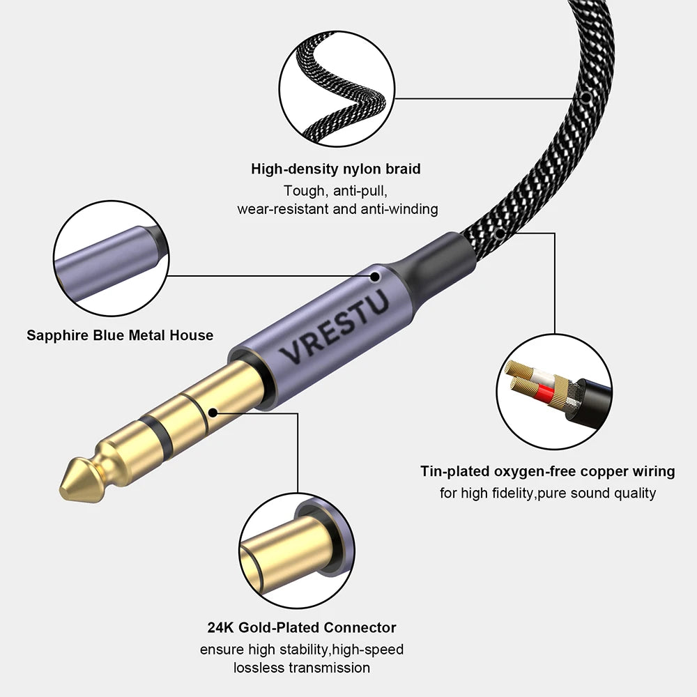 Adaptador de Áudio Estéreo 6.35mm Macho para 3.5mm Fêmea - Cabo para Fones de Ouvido, Amplificador, Microfone e Alto-falantes e Guitarra - Acessórios auxiliares