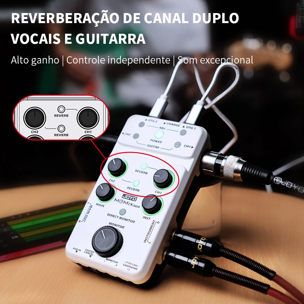 Placa de Som JOYO MOMIX PRO para Guitarra - 2 Entradas Estéreo, Sincronização Áudio-Vídeo, Mixer de Áudio para Gravação e Transmissões ao Vivo Externas