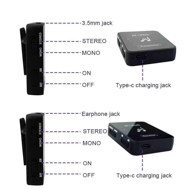 Sistema de Transmissão sem Fio 2.4G para Monitor de Fone de Ouvido Estéreo/Mono M-VAVE M8 WP-10 - Transmissor e Receptor para instrumentos musicais - Periféricos Acessórios