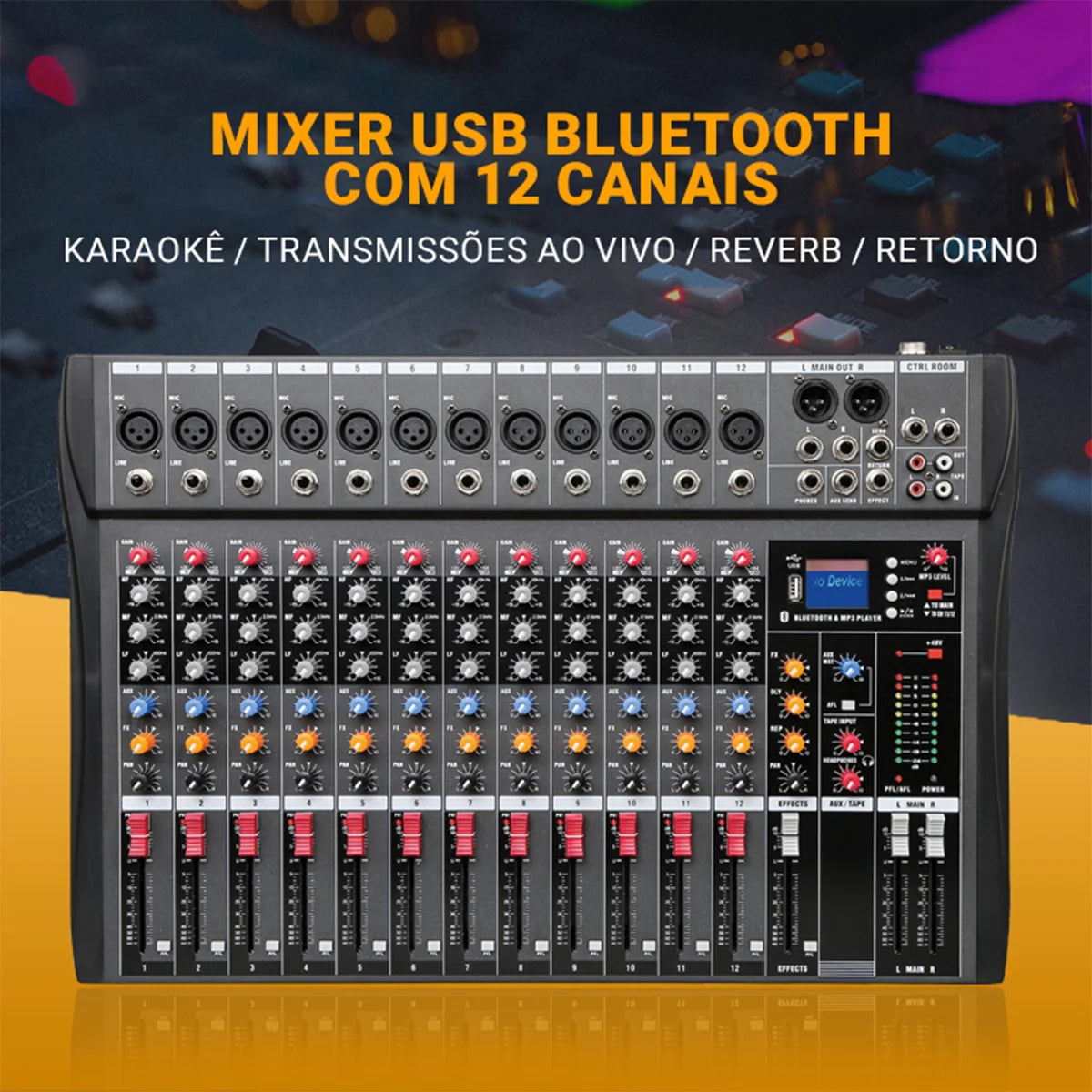 Mixer analógico 12 Canais - Entrada USB para Computador, Interface de Áudio, Placa de Som e efeitos - Mixers