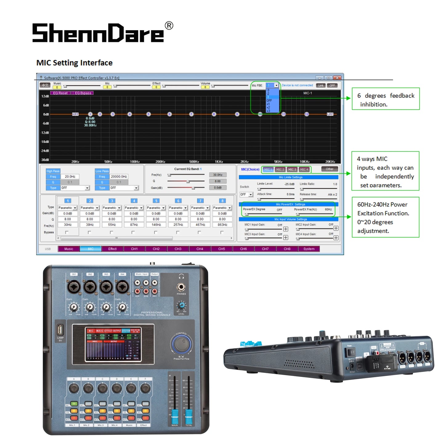 Mixer 6 Canais Digital Profissional ShennDare MD2006 - Controlador de Áudio DJ via WIFI/USB com Tela Touch - Mixers