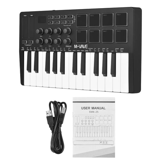 Teclado MIDI Controlador M-VAVE de 25 Teclas, Piano USB, Sensível ao Toque, 8 Pads RGB Iluminados - Periféricos Acessórios teclas