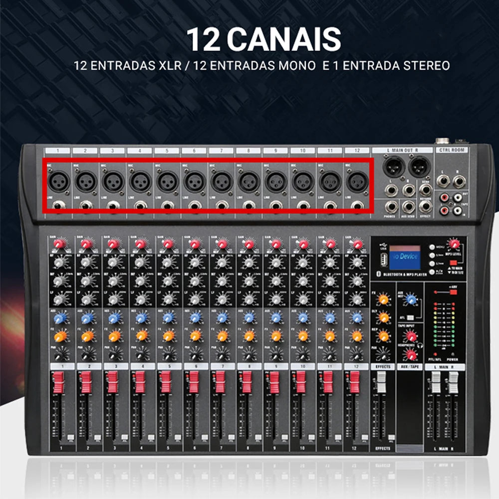 Mixer analógico 12 Canais - Entrada USB para Computador, Interface de Áudio, Placa de Som e efeitos - Mixers