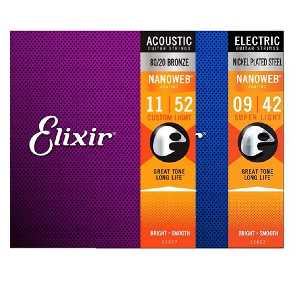 Conjunto de Cordas para Guitarra Elixir Nanoweb Acústica / Elétrica 16027 11052 11002 11027 16002 16052 12002 12052