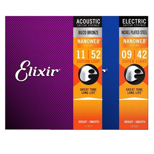 Conjunto de Cordas para Guitarra Elixir Nanoweb Acústica / Elétrica 16027 11052 11002 11027 16002 16052 12002 12052