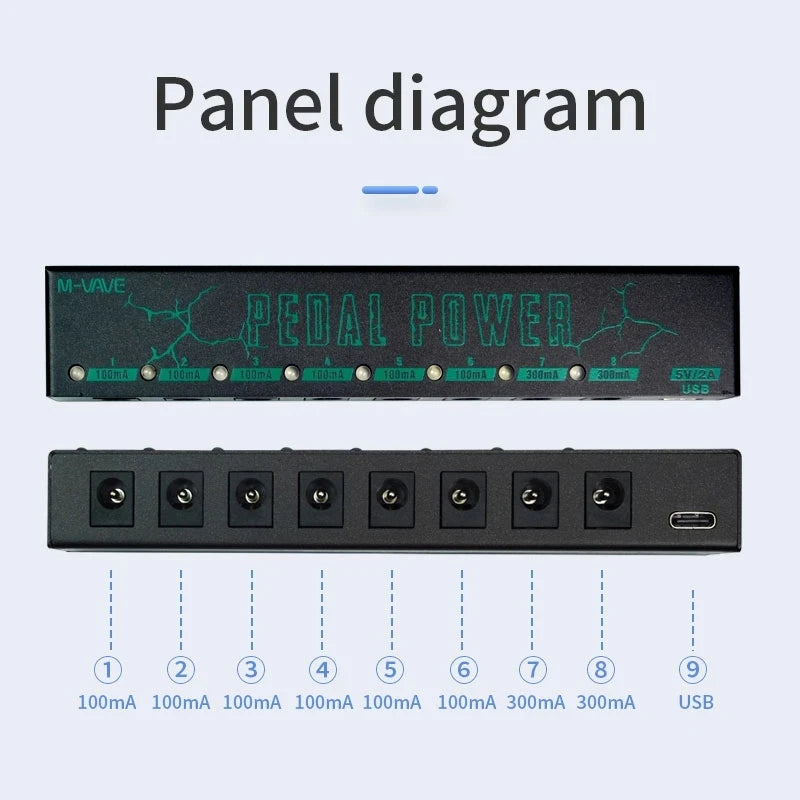 Fonte de Alimentação para Pedal de Efeito de Guitarra M-Vave - 8 Saídas DC Isoladas / Saída USB 5V para Proteção 9V - Acessórios equipamentos