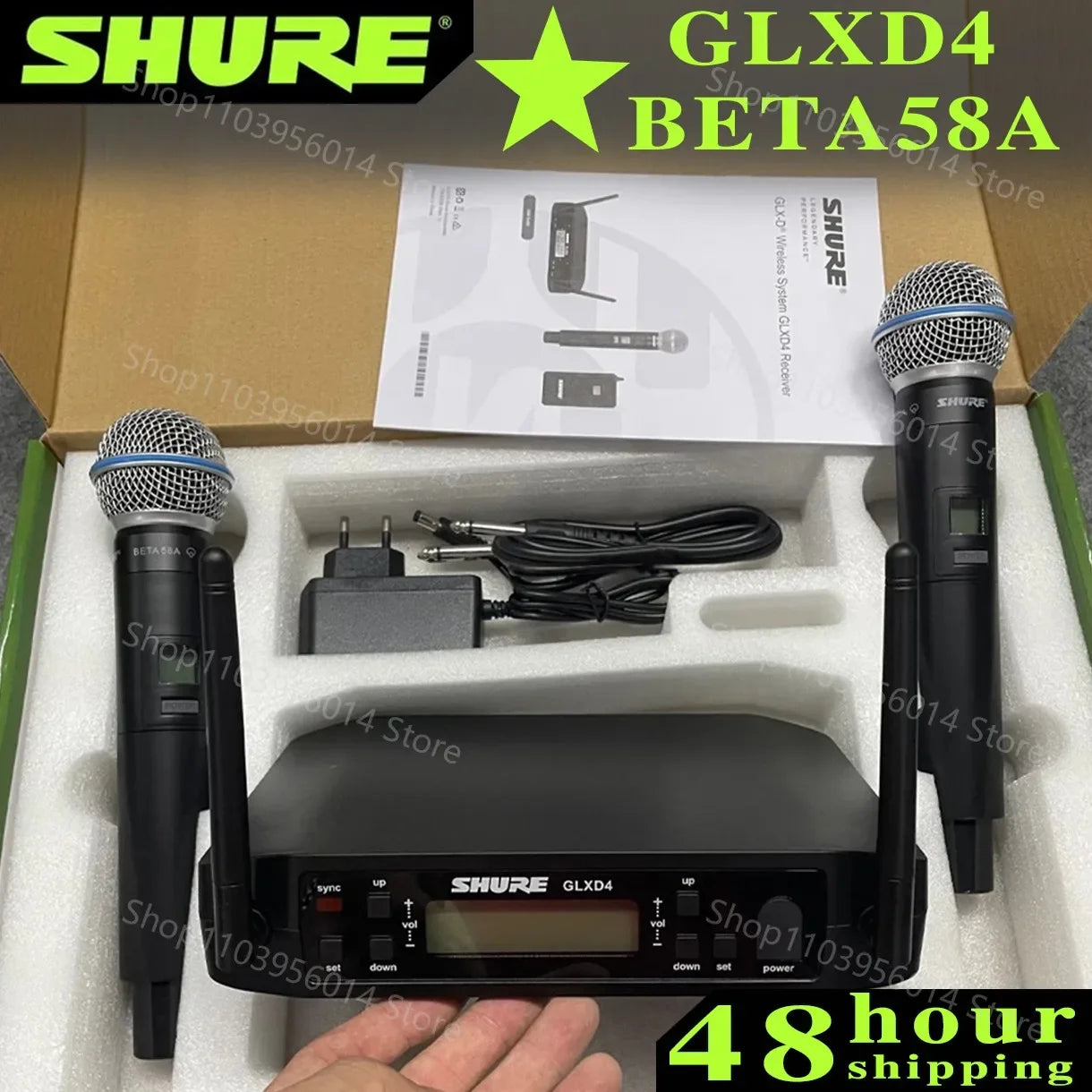 Kit de Microfone Sem Fio Shure GLXD 4 com 2 Microfones Manuais Shure BETA 58A - Dinâmico Profissional para Festa, Palco e Karaoke (640-690MHz) - Microfones