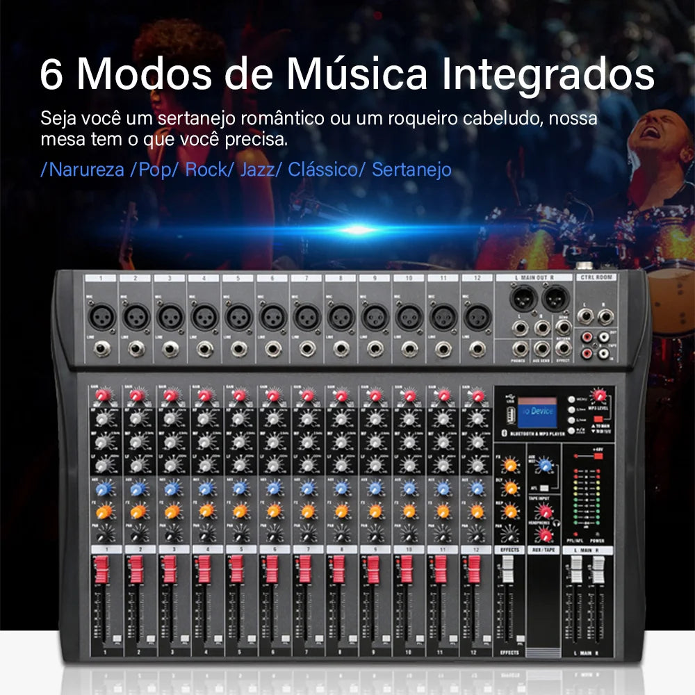 Mixer analógico 12 Canais - Entrada USB para Computador, Interface de Áudio, Placa de Som e efeitos - Mixers