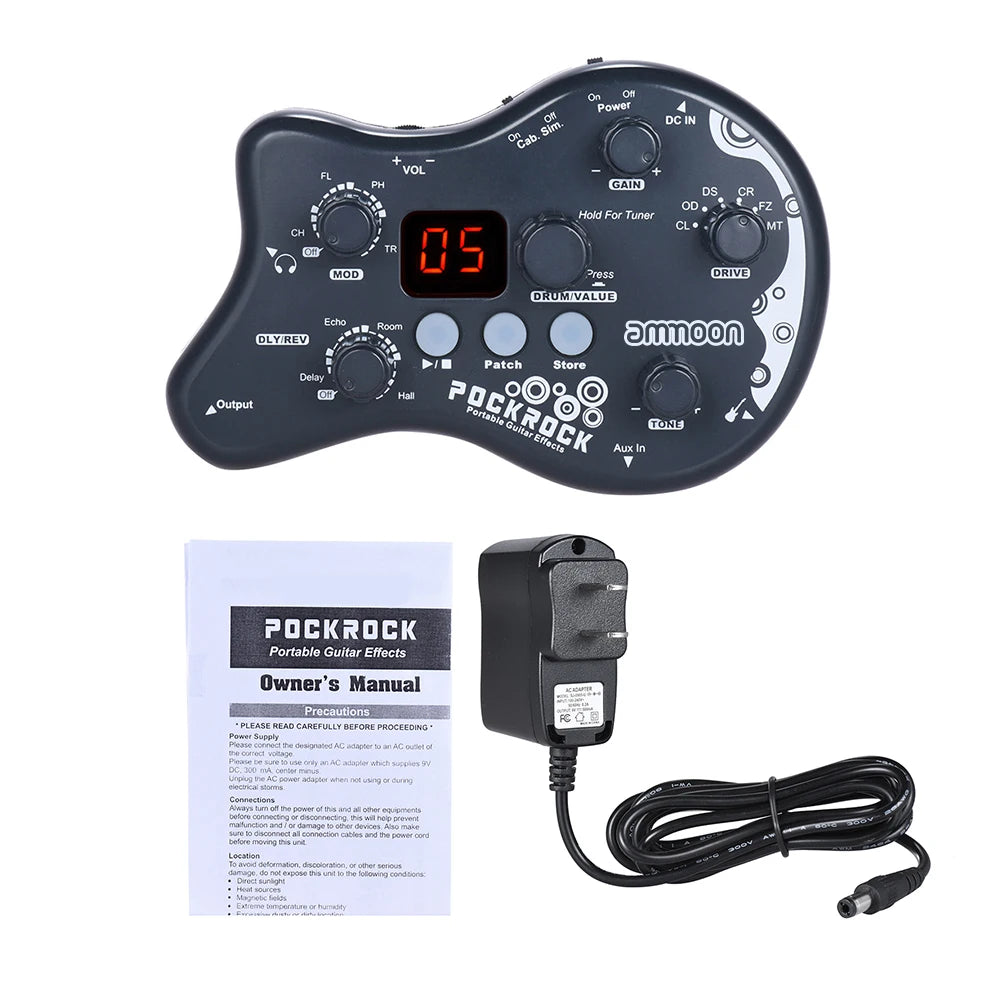 Multiefeitos Portátil ammoon PockRock para Guitarra - 15 Tipos de Efeitos, 40 Ritmos de Bateria e Função de Afinação - Multiefeitos Periféricos