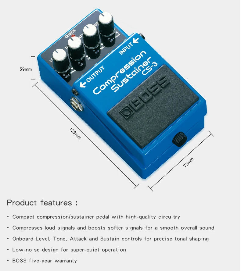 Pedal Compressor Sustainer Boss CS-3 - Design de baixo ruído para operação super silenciosa - Pedais