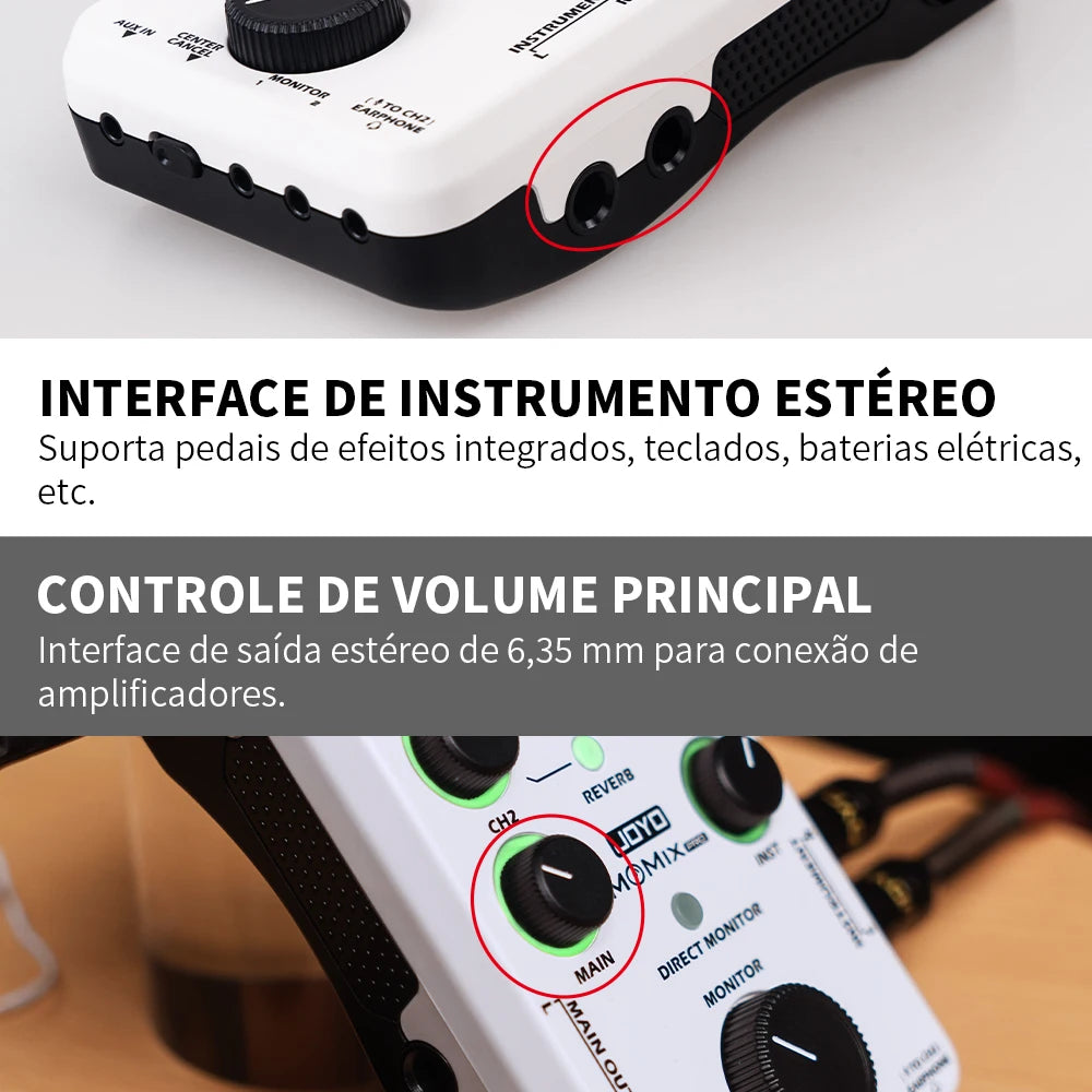Placa de Som JOYO MOMIX PRO para Guitarra - 2 Entradas Estéreo, Sincronização Áudio-Vídeo, Mixer de Áudio para Gravação e Transmissões ao Vivo Externas