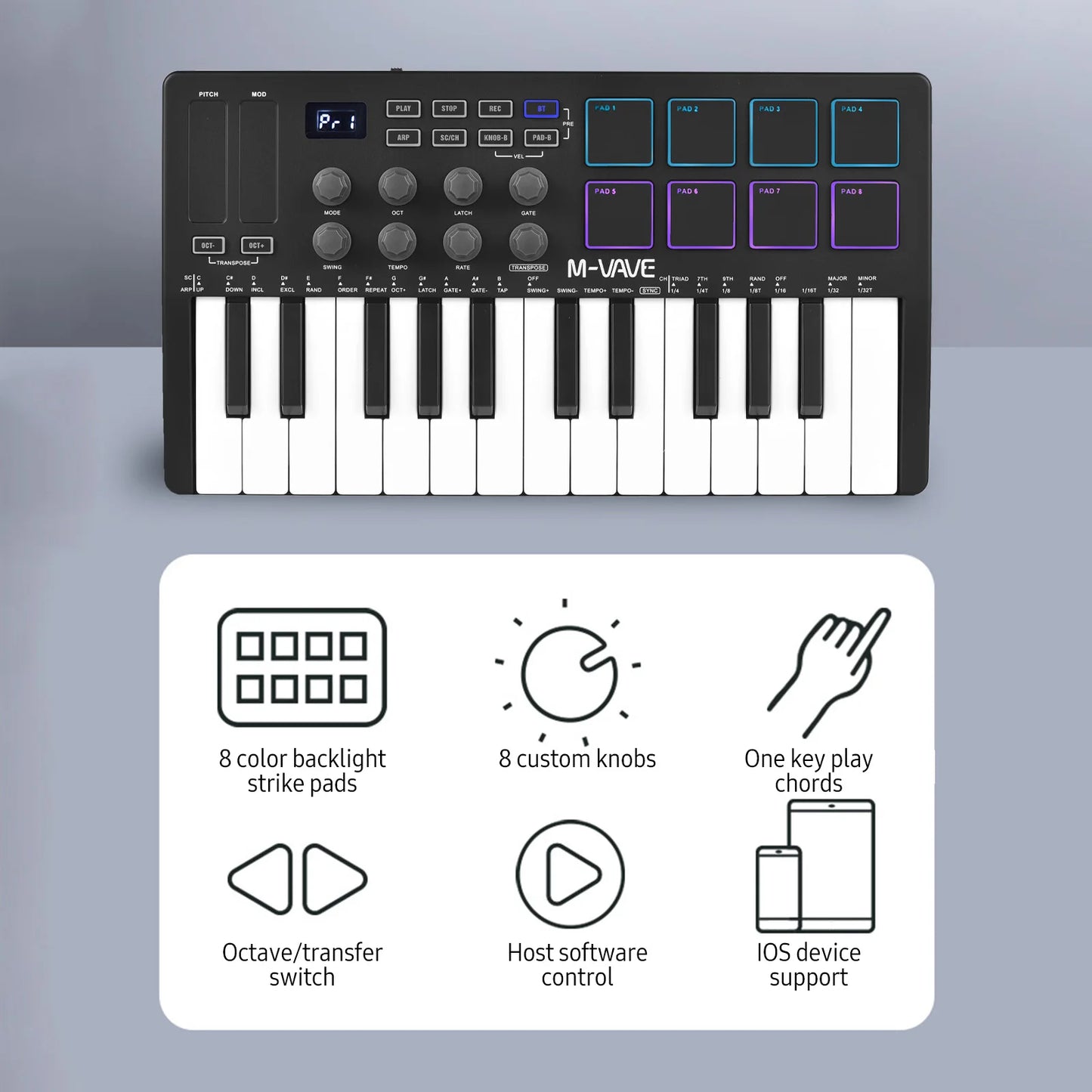 Teclado MIDI Controlador M-VAVE de 25 Teclas, Piano USB, Sensível ao Toque, 8 Pads RGB Iluminados - Periféricos Acessórios teclas
