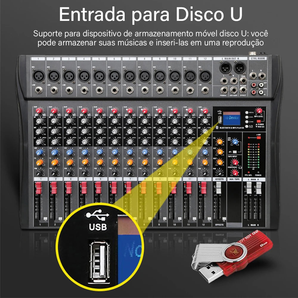 Mixer analógico 12 Canais - Entrada USB para Computador, Interface de Áudio, Placa de Som e efeitos - Mixers