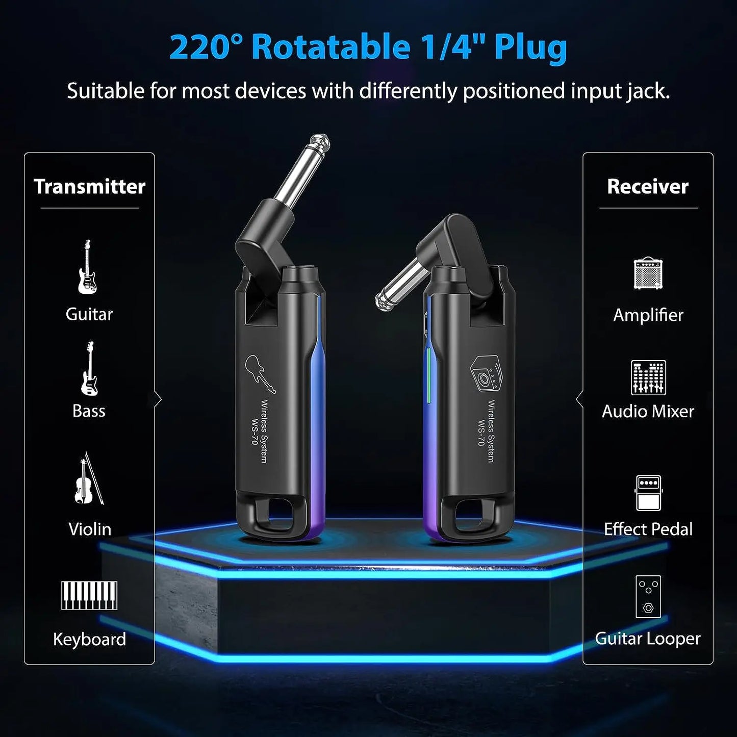 Transmissor e Receptor Recarregáveis com 70 Canais Alcance de 40m - Sistema Wireless LEKATO WS-70 - Acessórios cordas