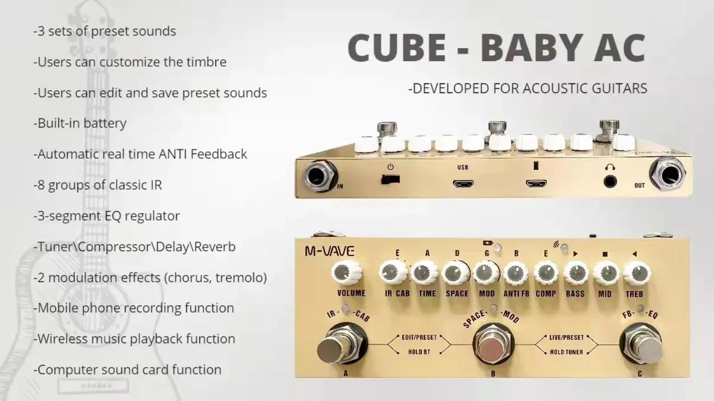 M-Vave Cube BABY AC - Pedal de efeitos múltiplos recarregável - Função de interface de áudio pedal para gravação de violão elétrico acústico