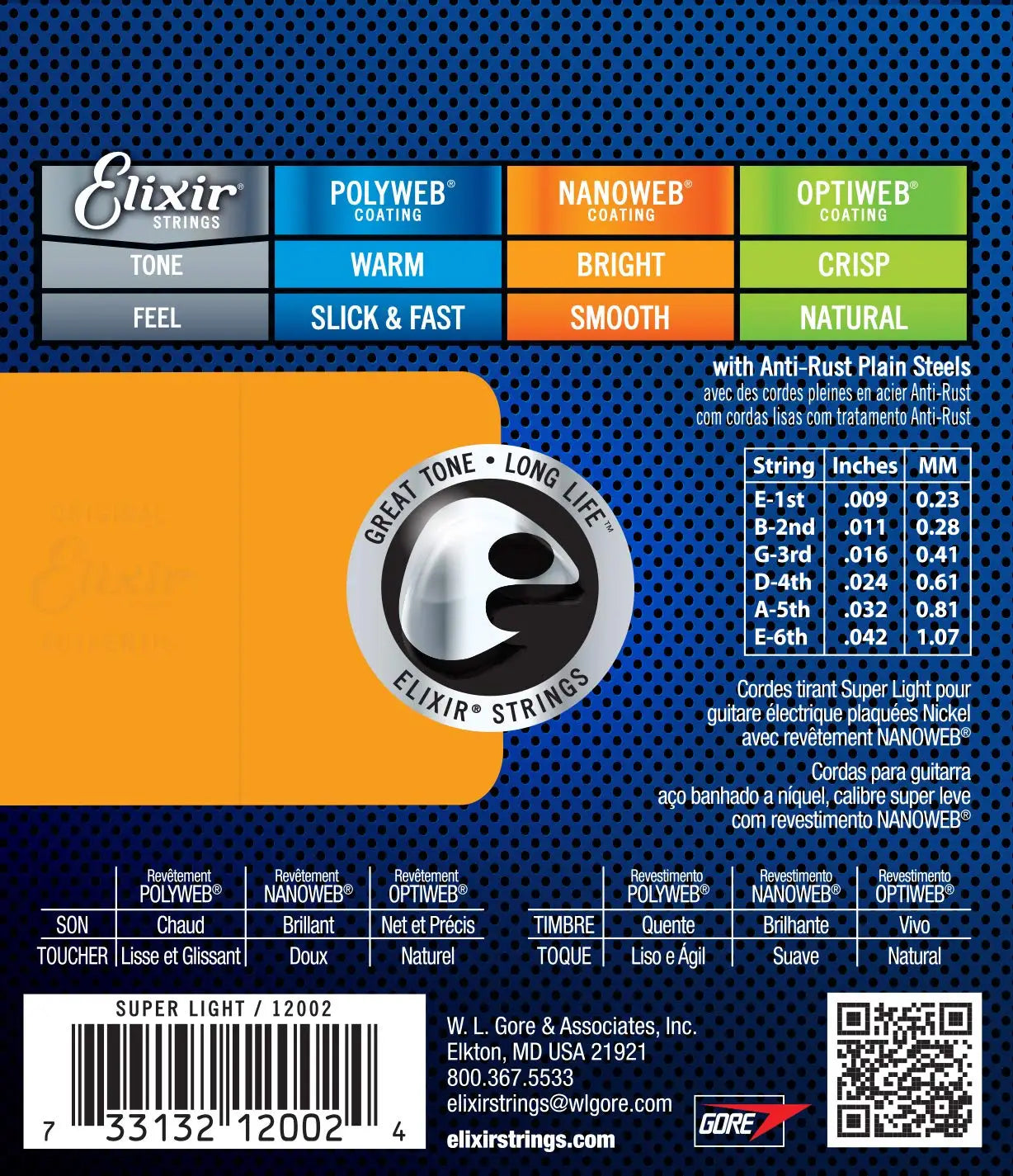 Cordas para Guitarra Elétrica Elixir com Revestimento NANOWEB - Super Leve (12002), Leve (12052), Leve/Pesado (12077) - Acessórios cordas