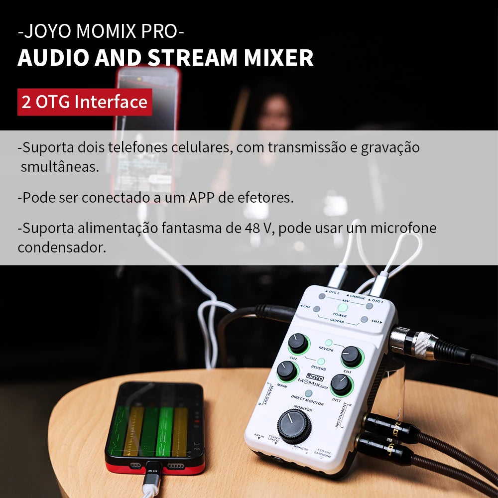 Placa de Som JOYO MOMIX PRO para Guitarra - 2 Entradas Estéreo, Sincronização Áudio-Vídeo, Mixer de Áudio para Gravação e Transmissões ao Vivo Externas